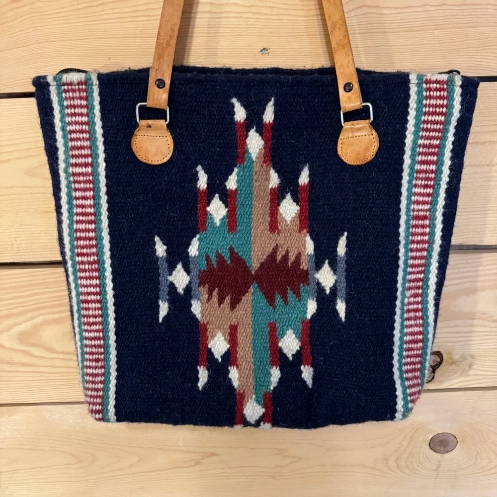 El Paso Saddle Blanket Co Blue Wool Southwestern Tote Bag